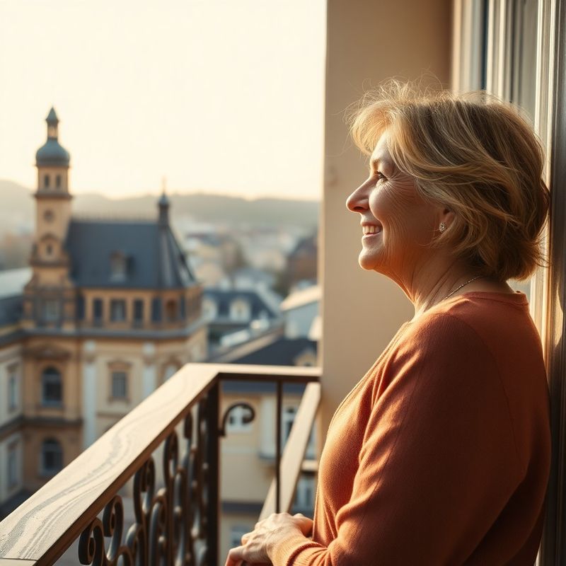 Žena v důchodovém věku se dívá z balkonu na plzeňskou architekturu